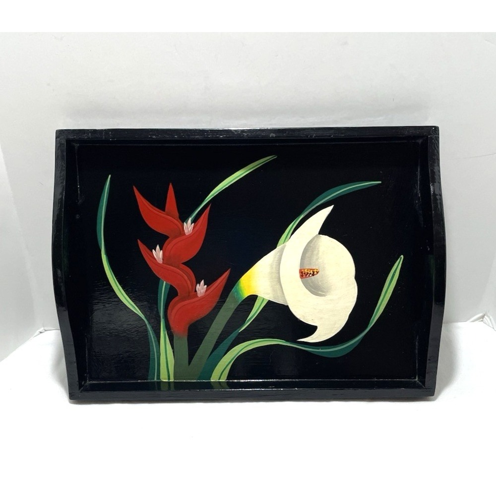 Hand Painted Wood Serving Tray w/ Handles Black w/ Red & White‎ Flowers 14x10